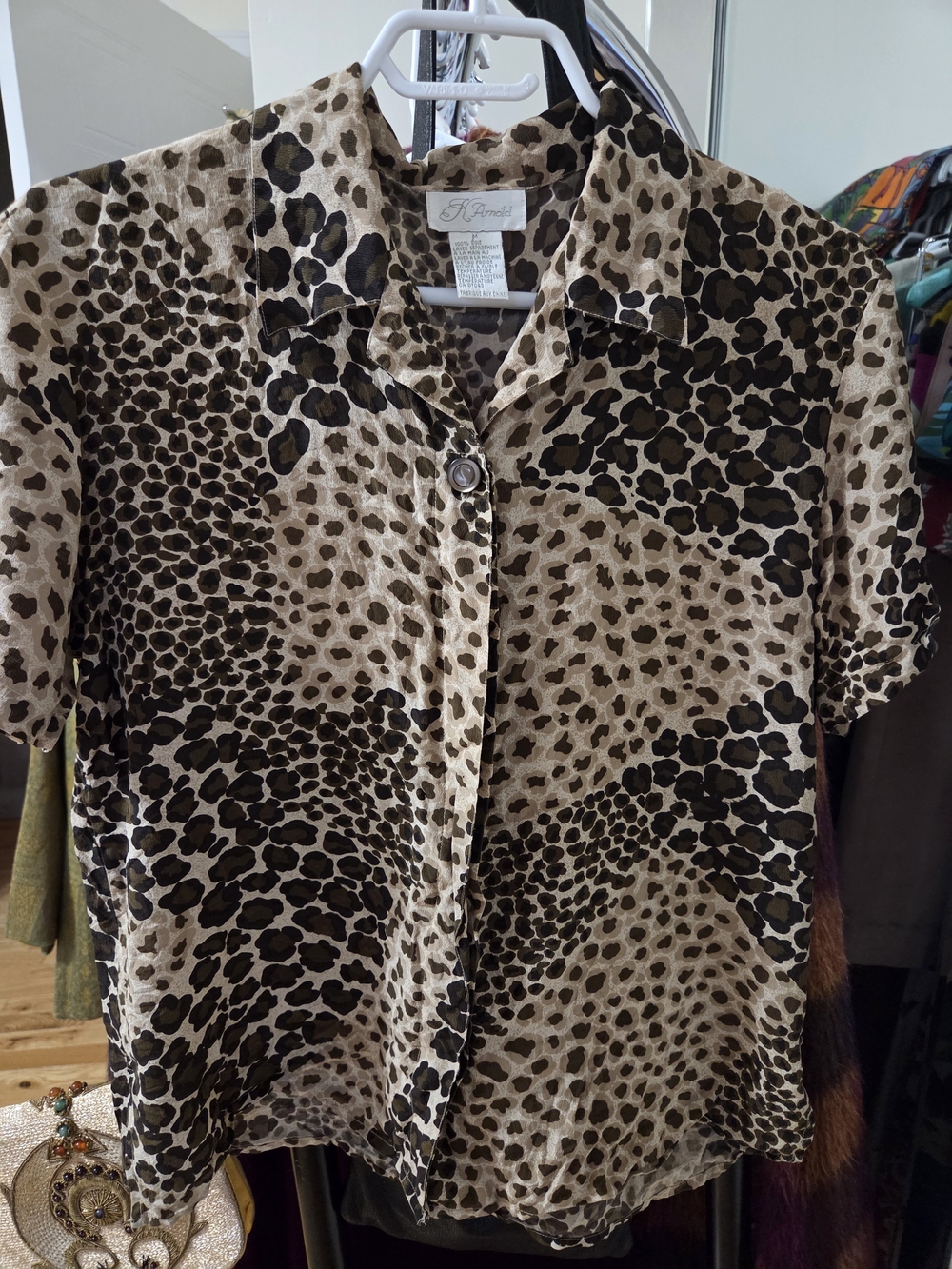 Vintage Silk Leopard Print Short-Sleeve Shirt - Beige/Black